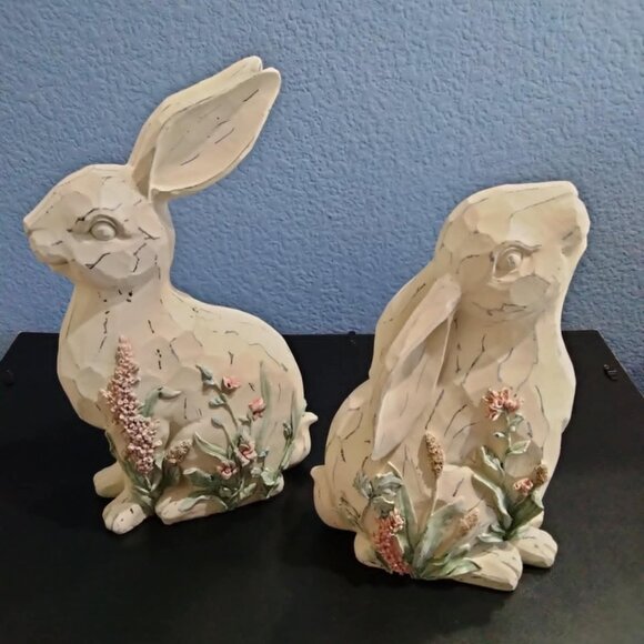 Garden Bunnies, Set of Two, Floral Resin - Picture 1 of 9